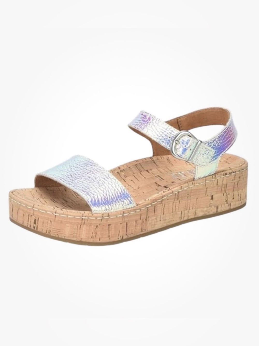 Born Sari Sandal Silver Multi Hologram Leather Strappy Wedge Platform Size 8 - Picture 15 of 15